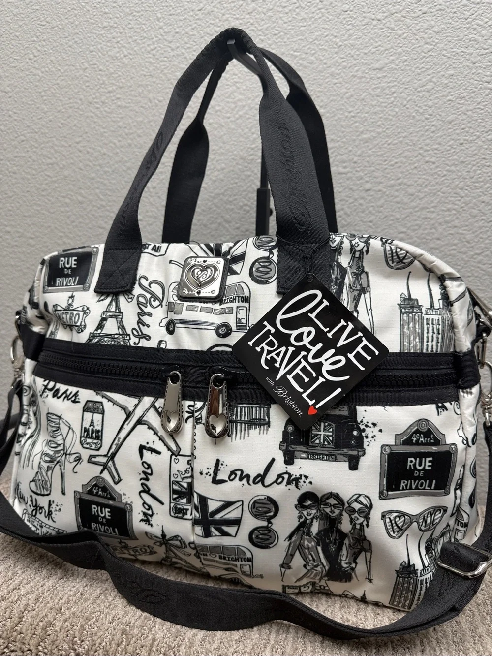 Brighton Black & White Jetsetter Travel Satchel with Paris & London Print